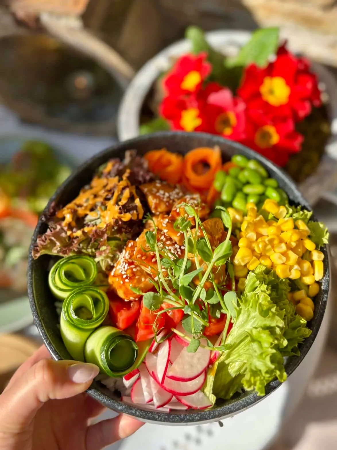 Barevná poke bowl s lososem a zeleninou